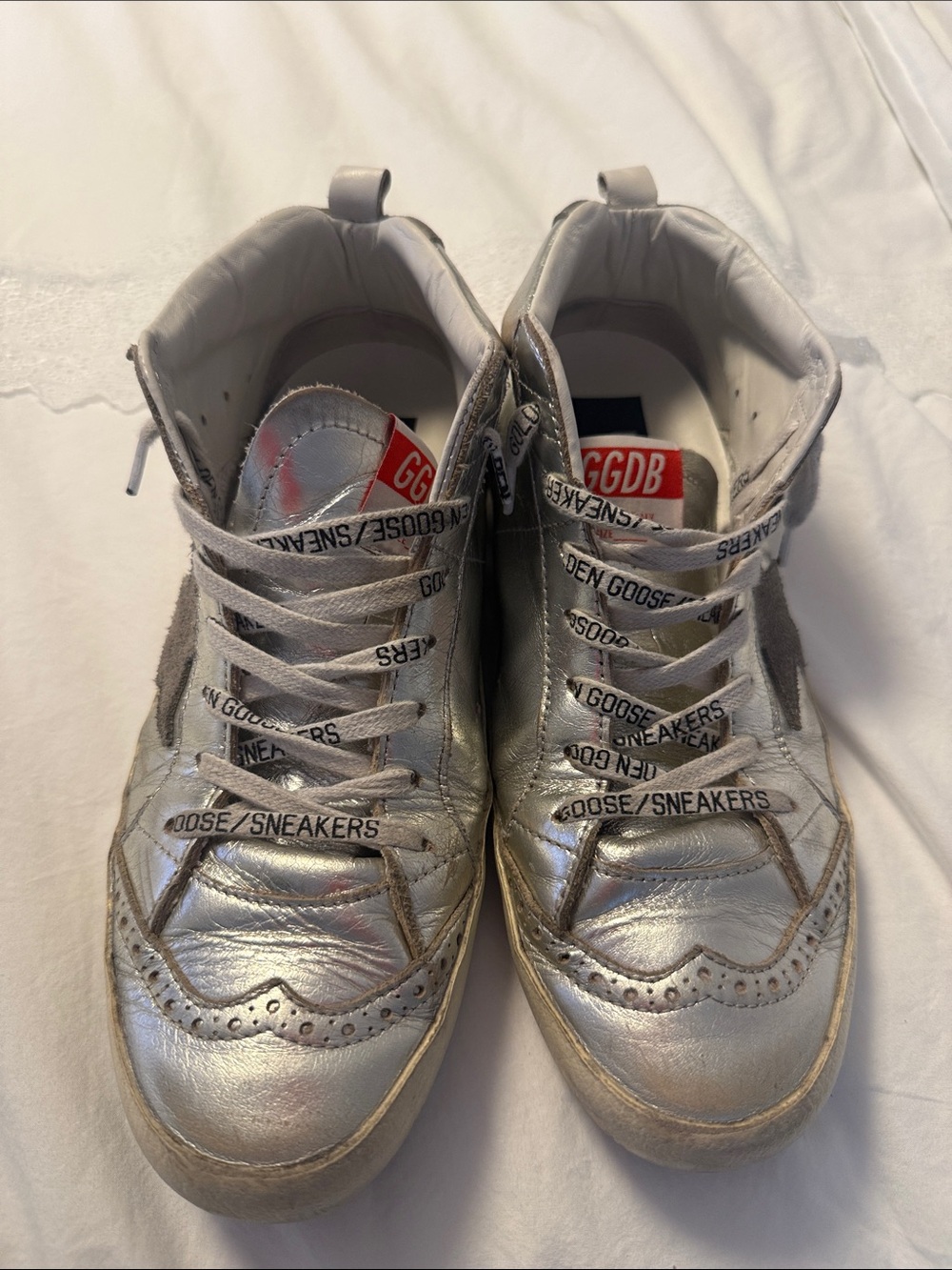 Golden Goose Silver Metallic High-Top Sneakers with Branded Laces